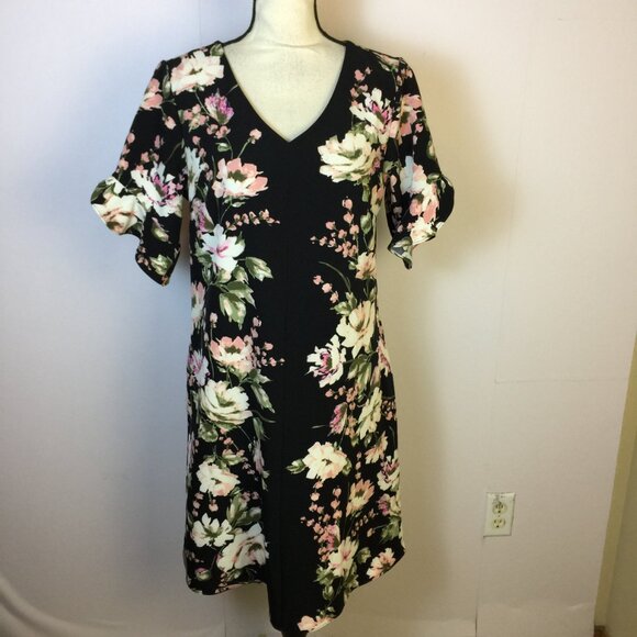 Isaac Mizrahi Live! Shift Dress Sz 8 Womans Black Floral V-neck 3/4 Bell Sleeve - Picture 1 of 14